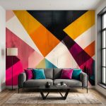 Modern living room with a grey sectional sofa, colorful geometric mural, teal and magenta cushions, and a black coffee table.