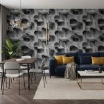Beton Tapeta 0024 - prostor | Lux Tapete 3D tapeta erodirani beton na zidu dnevne sobe iza teget garniture, pored trpezarijskog stola i zelene biljke