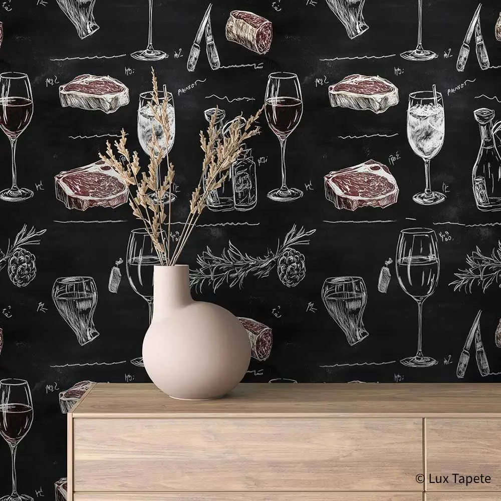 COMMERCIAL 0001 | Lux Tapete Komercijalna samolepljiva tapeta u rolni sa ilustracijama odrezaka mesa vina i koktela kredom na crnoj tabli