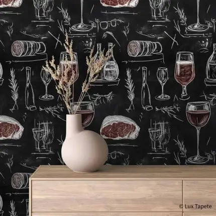 Samolepljiva tapeta kredom vino i suhomesnato na crnoj tabli iza komode od svetlog drveta sa keramičkom vazom