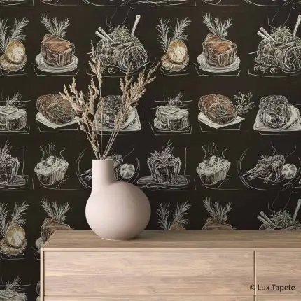 Ilustracije pečenog mesa, odrezaka i ruzmarina u stilu crteža kredom na crnoj pozadini, samolepljiva komercijalna tapeta u rolni za zid.