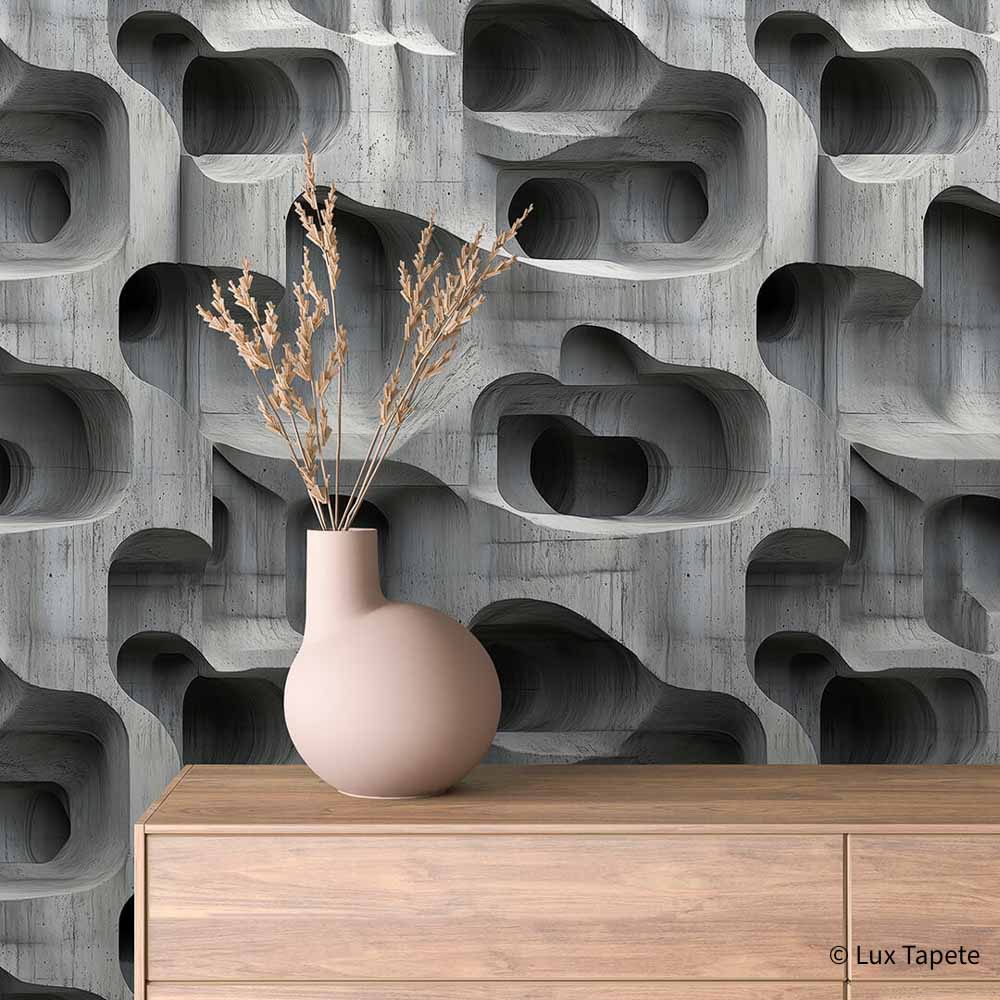Beton Tapeta 0024 - mockup | Lux Tapete Samolepljiva 3D tapeta erodirani beton na reljefnoj foliji iza komode od svetlog drveta sa keramičkom vazom