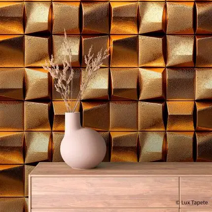 Samolepljiva zlatna tapeta sa 3D efektom geometrijskih panela i kovanog metala Golden 0009.