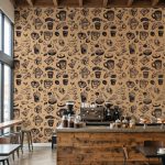 Cafe counter with espresso machine and pastry display against a coffee-themed wallpaper.