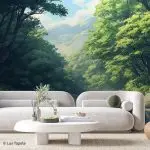 Foto tapeta sa prikazom brze planinske reke koja teče preko kamenja kroz gustu zelenu šumu sa planinama u pozadini.