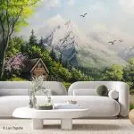 Umetnička foto tapeta sa prikazom osunčanih planina, reke, staze i drvene kolibe okružene cvećem.
