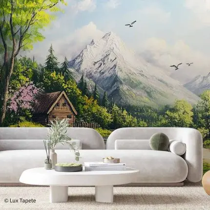 Umetnička foto tapeta sa prikazom osunčanih planina, reke, staze i drvene kolibe okružene cvećem.