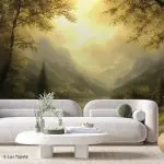 Foto tapeta sa motivom staze pored planinskog jezera pod toplim sunčevim svetlom.