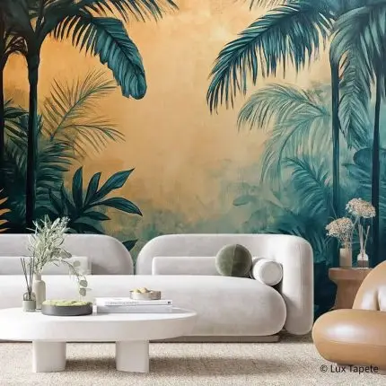 Detaljna foto tapeta koja prikazuje gusto isprepleteno lišće palme u različitim nijansama zelene boje.