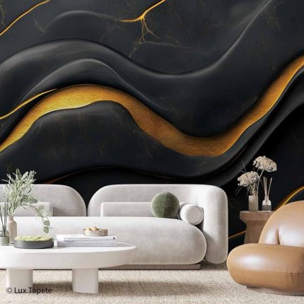 Luksuzna foto tapeta sa motivom crnog mermera i zlatnim talasima – Marble 0001 dezen po meri zida.