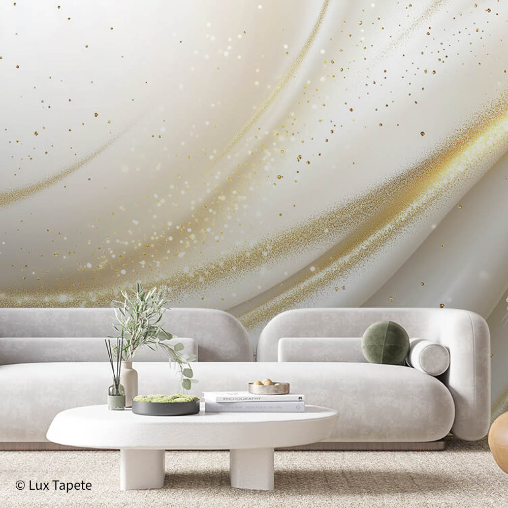 RENDER 0006 | Lux Tapete 3D foto tapeta koja prikazuje naboranu belu tkaninu visokog sjaja sa zlatnim šljokicama i svetlosnim efektima.