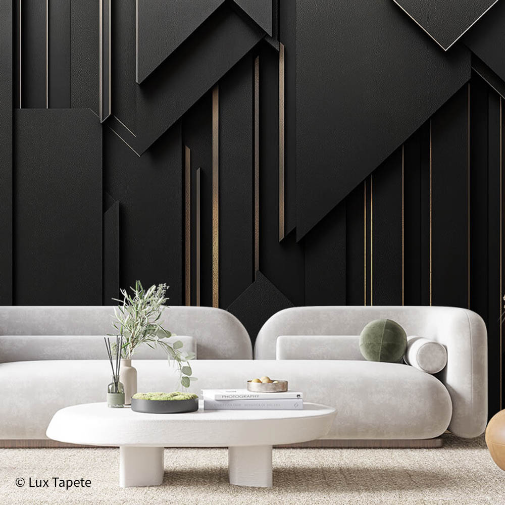 RENDER 0017 | Lux Tapete 3D foto tapeta sa prikazom slojevitih crnih panela i tankih vertikalnih zlatnih linija sa efektom dubine.