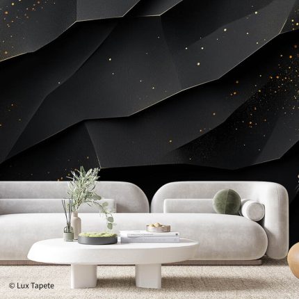 3D foto tapeta sa crnim izlomljenim geometrijskim oblicima i prskanim zlatnim detaljima koji podsećaju na zvezdanu prašinu.