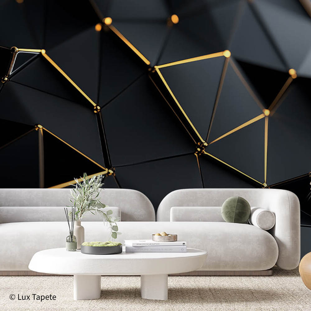 RENDER 0029 | Lux Tapete 3D foto tapeta sa crnim trouglovima i zlatnim tačkama na spojevima.