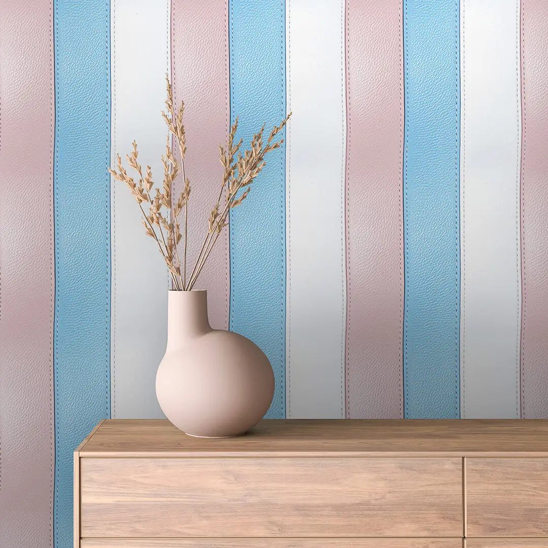 STRIPED 0019 | Lux Tapete Samolepljiva tapeta u rolni sa vertikalnim prugama u nežno plavoj i pastelno roze boji sa teksturom pletiva.