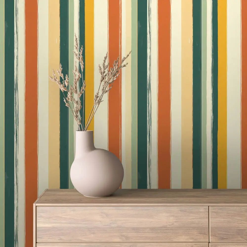 STRIPED 0027 | Lux Tapete Samolepljiva tapeta u rolni sa vertikalnim prugama u zelenoj, narandžastoj i krem boji