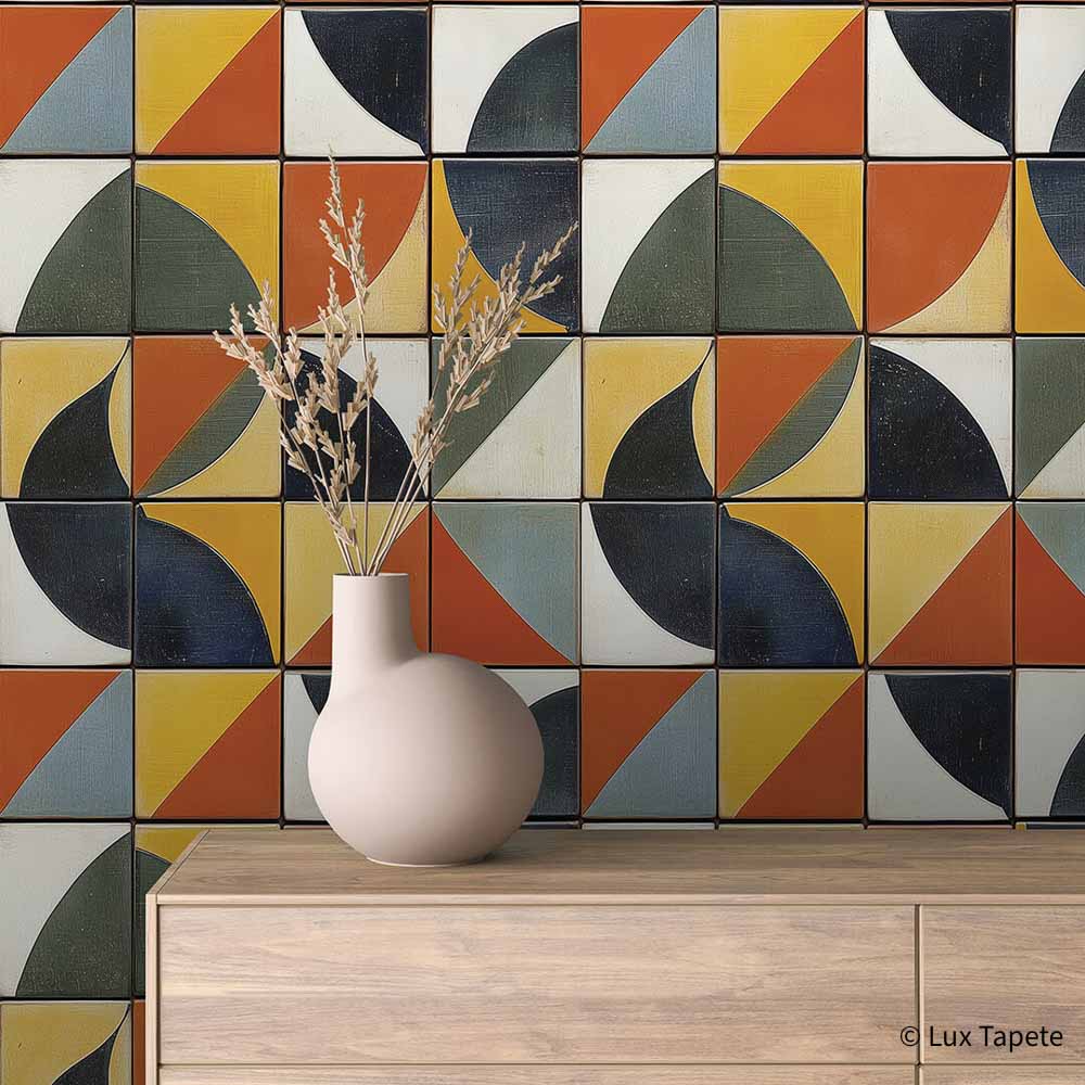 TILE 0032 | Lux Tapete Samolepljiva zidna tapeta sa crnim, narandžastim i belim geometrijskim motivima pločica na mat podlozi.