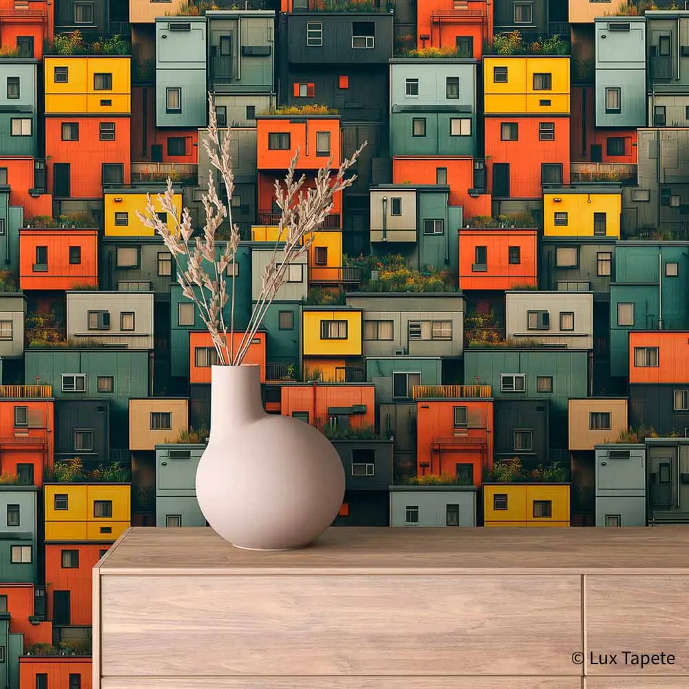 URBAN 0005 | Lux Tapete Samoljepljiva urban tapeta sa gusto zbijenim šarenim zgradama i krovnim baštama Urban 0005.