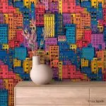 Samolepljiva urban tapeta sa raznobojnim ilustrovanim zgradama i osvetljenim prozorima Urban 0010.