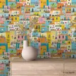 Samolepljiva urban tapeta sa ilustracijom kuća u pastelnim tonovima, prozorima i malim balkonima Urban 0025.