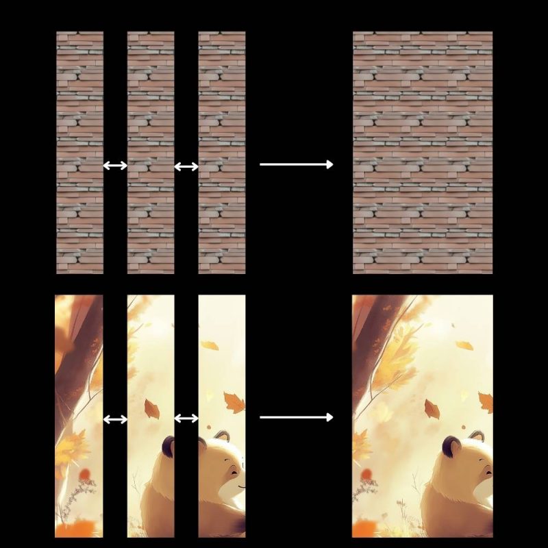 Storyboard of a split-screen transition: three vertical brick-wall slices slide apart to reveal a full brick wall on the right.
