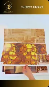 Sticker sheet showing wallpaper samples: wood plank pattern and stone-like brick pattern, held by hands against a light background, logo at top-left.